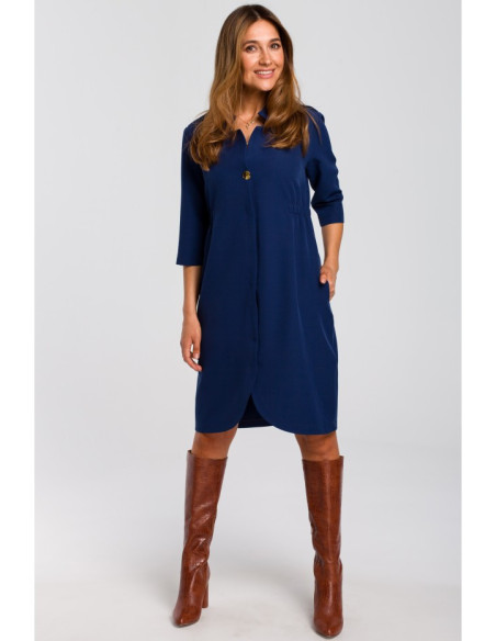 S189 Striukė suknelė su elastine juosta - tamsiai mėlyna