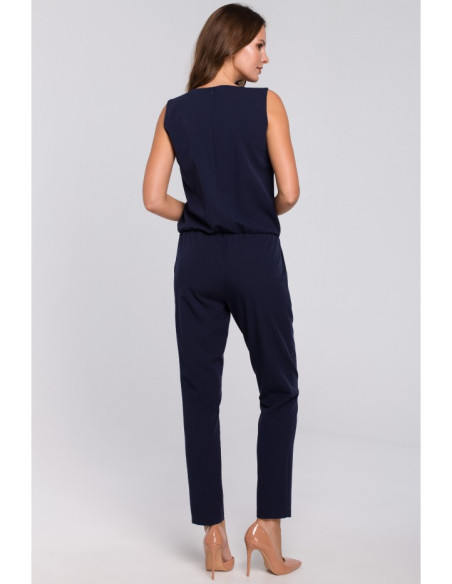 K009 Kombinezonas su V formos iškirpte - tamsiai mėlynas