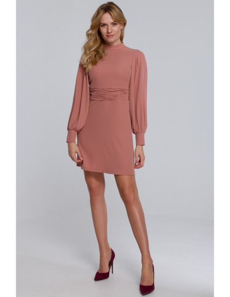 K078 Suknelė su raukšlėtu diržu - rožinė