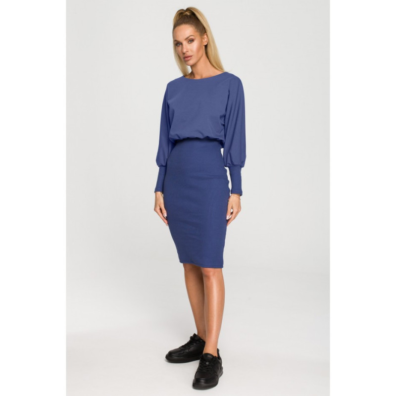 M690 Knit dress in combination of plain - indigo