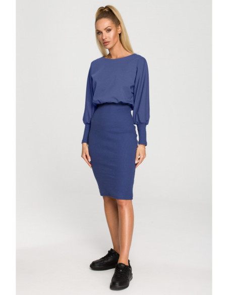 M690 Knit dress in combination of plain - indigo
