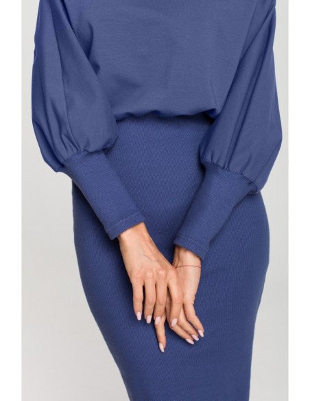M690 Knit dress in combination of plain - indigo