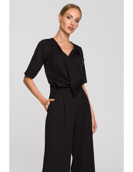 M703 Jumpsuit with decorative V-neck top - black