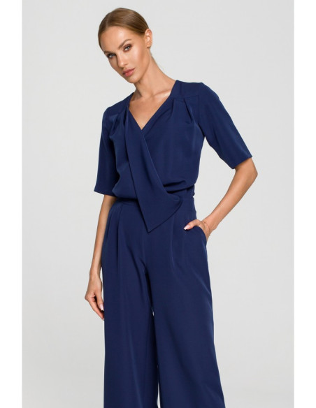 M703 Jumpsuit with decorative V-neck top - navy blue
