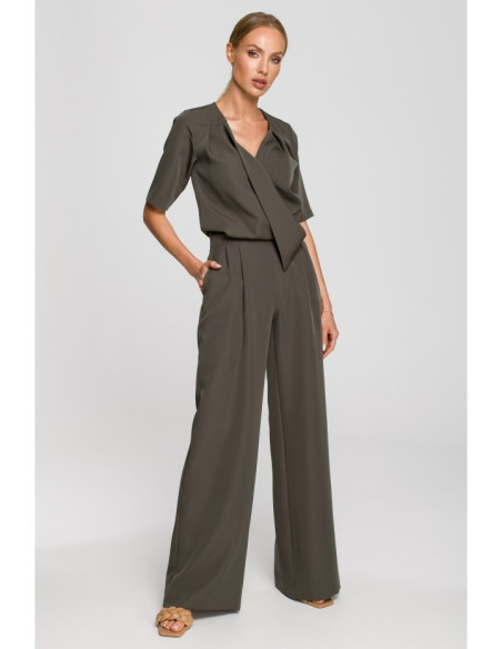 M703 Jumpsuit with decorative V-neck top - khaki
