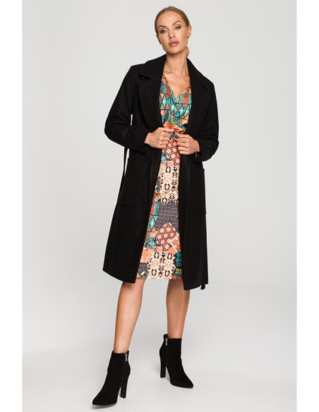 M708 Belted fleece coat with patch pockets - black