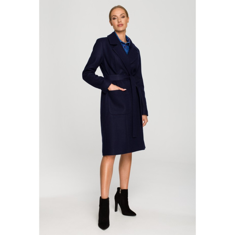 M708 Belted fleece coat with patch pockets - navy blue
