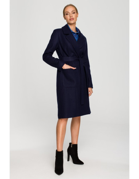 M708 Belted fleece coat with patch pockets - navy blue
