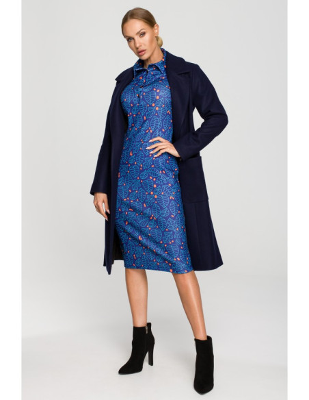 M708 Belted fleece coat with patch pockets - navy blue
