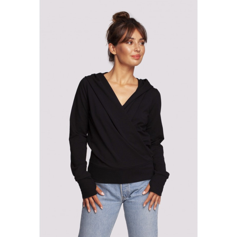 B246 Wrap pullover top with a hood - black