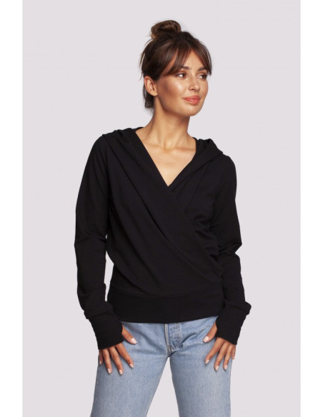 B246 Wrap pullover top with a hood - black