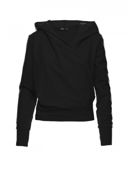 B246 Wrap pullover top with a hood - black