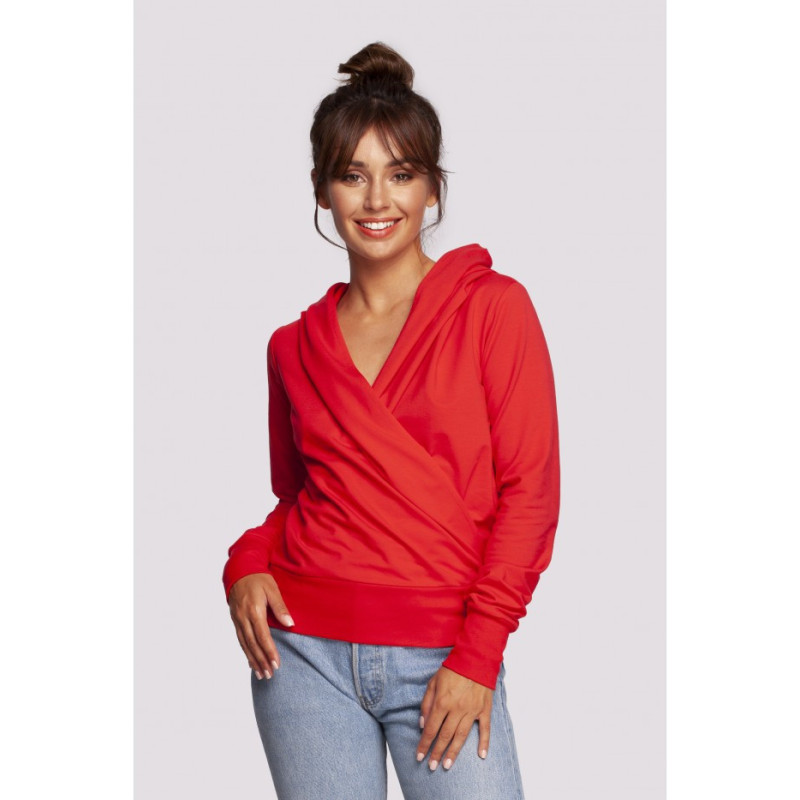 B246 Wrap pullover top with a hood - red