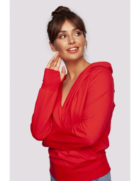 B246 Wrap pullover top with a hood - red