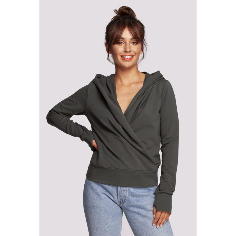 B246 Wrap pullover top with a hood - military green