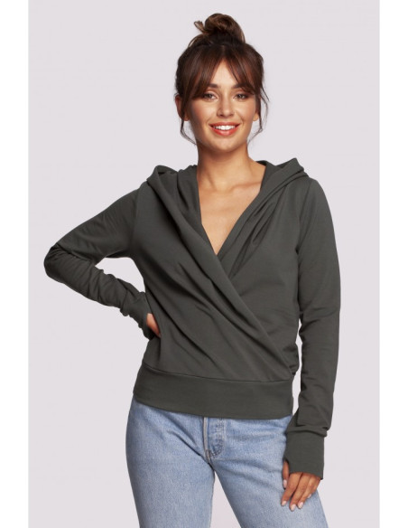 B246 Wrap pullover top with a hood - military green