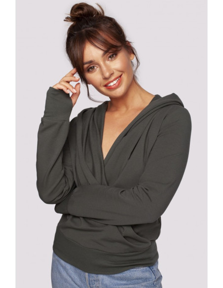 B246 Wrap pullover top with a hood - military green