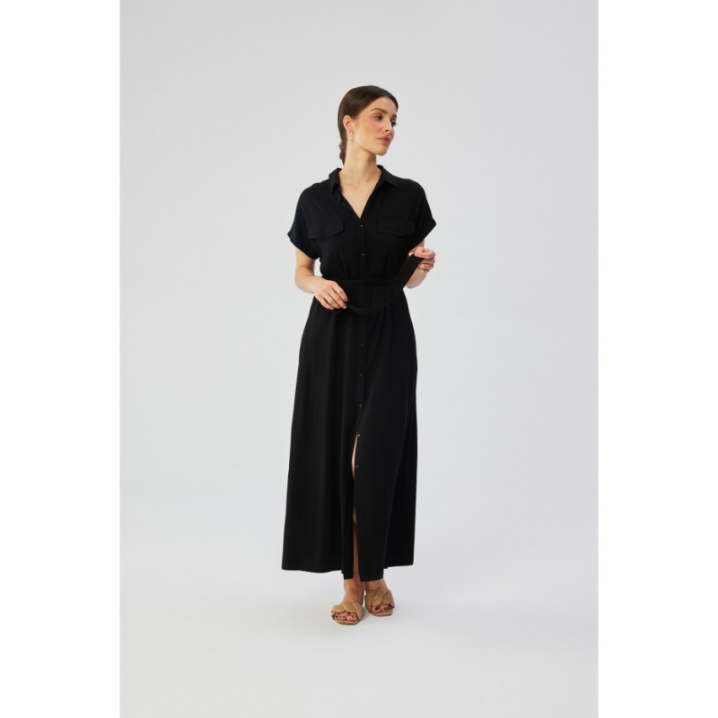 S364 Viscose maxi shirt dress - black