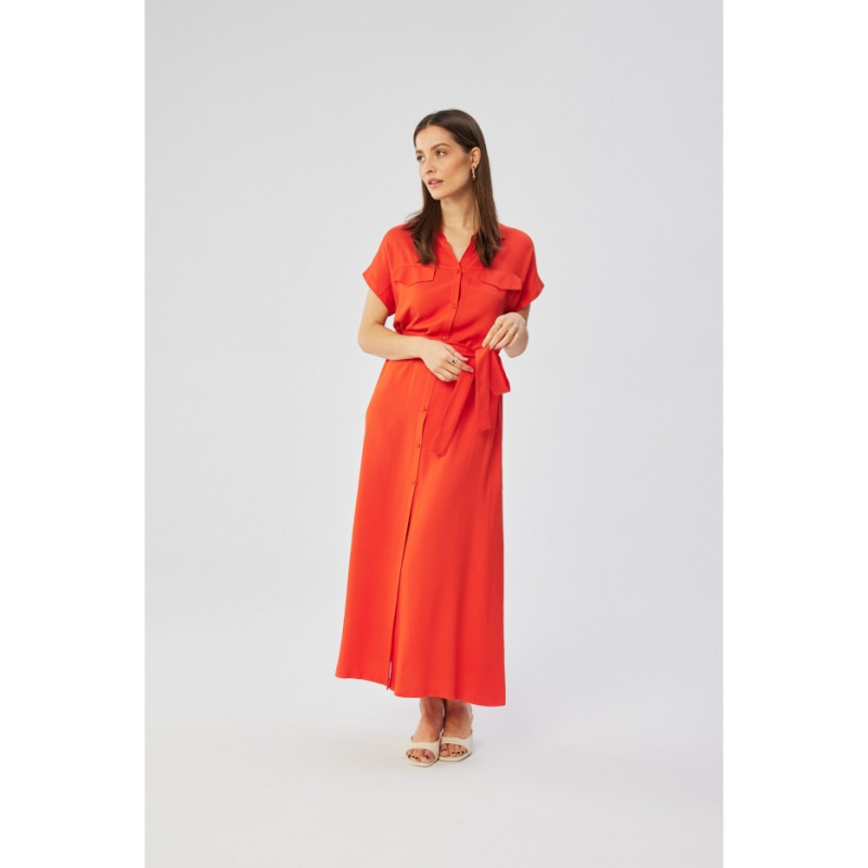 S364 Viscose maxi shirt dress - coral