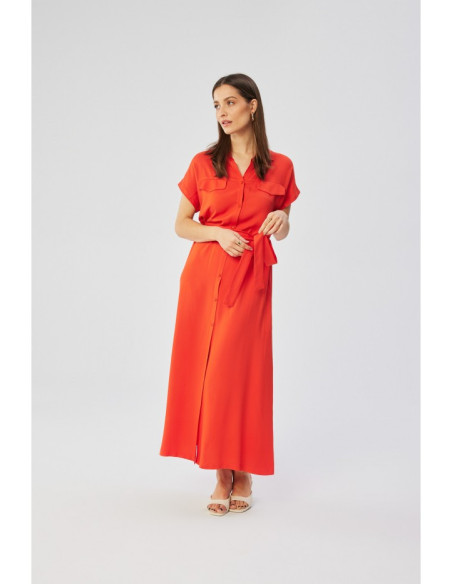 S364 Viscose maxi shirt dress - coral