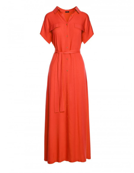 S364 Viscose maxi shirt dress - coral