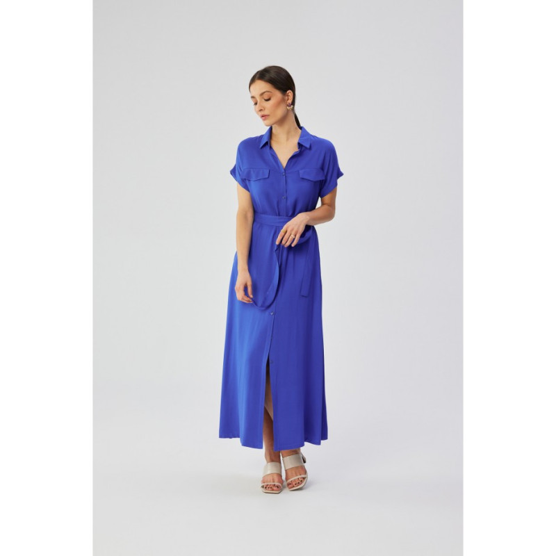 S364 Viscose maxi shirt dress - blue