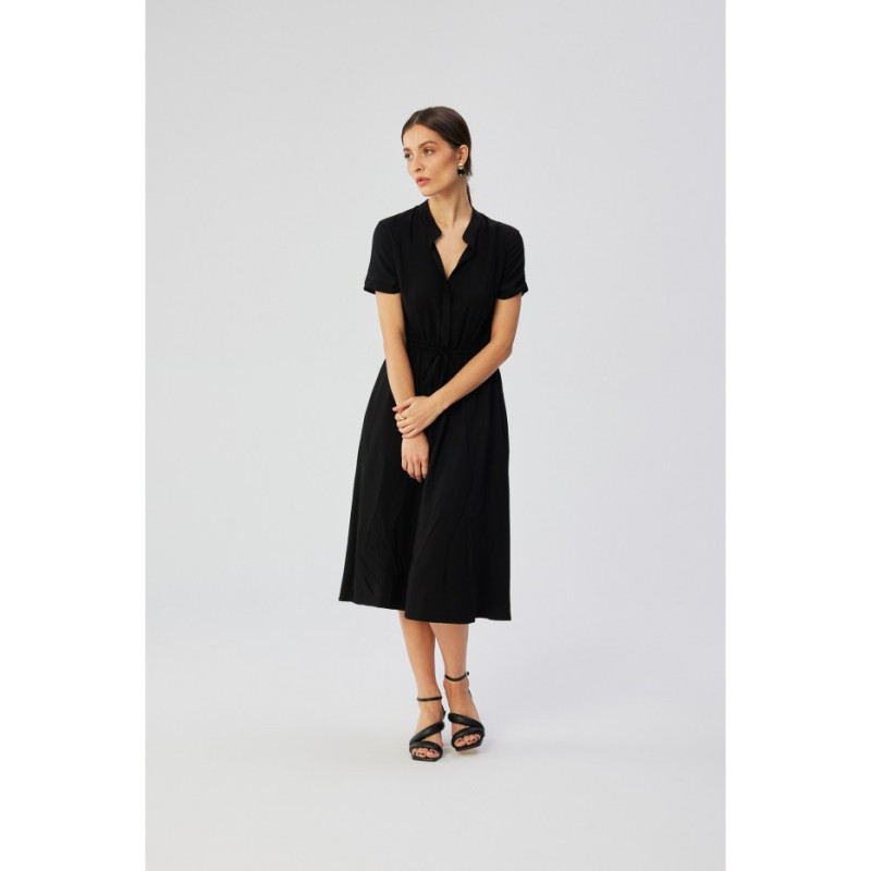 S366 Viscose dress with string tied waist - black