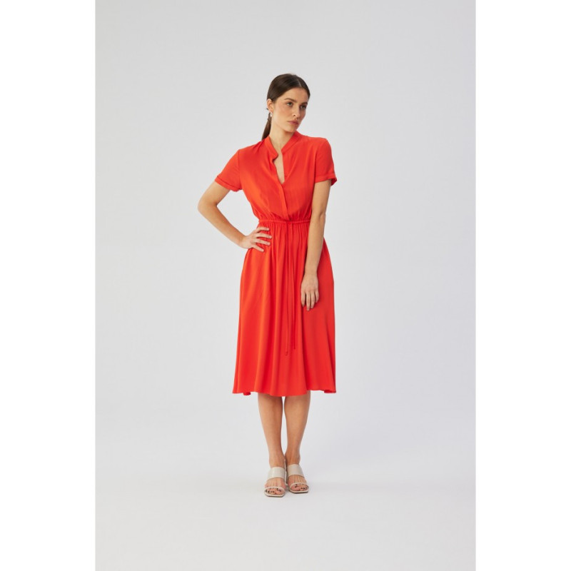S366 Viscose dress with string tied waist - coral