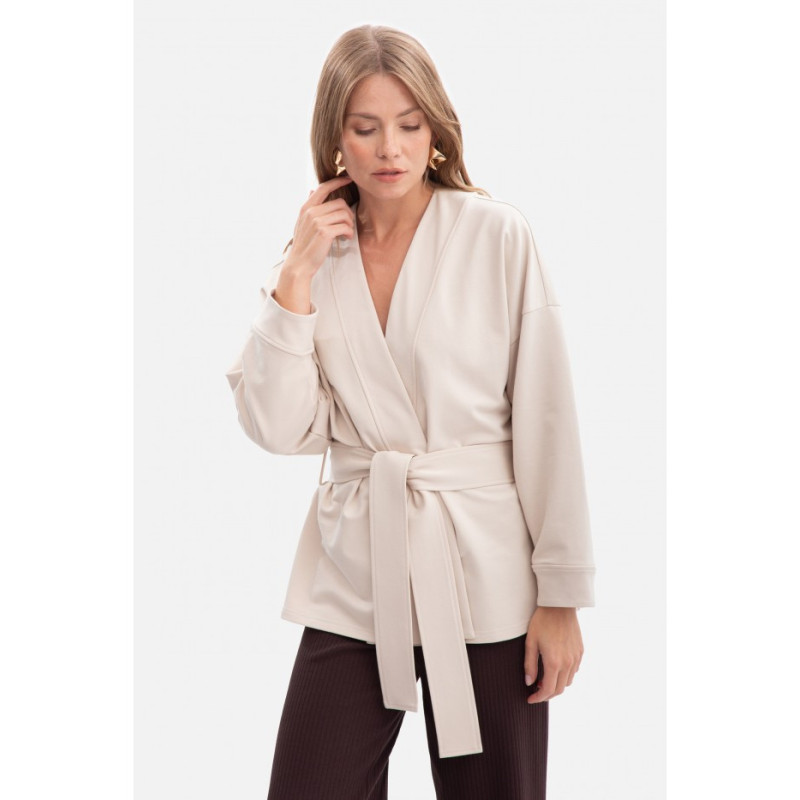 B297 Laisvas švarkas su diržu - smėlio spalvos