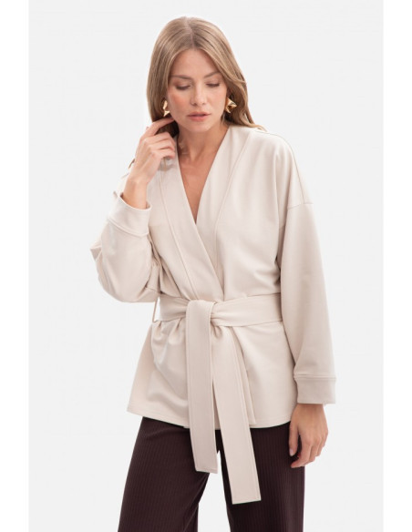 B297 Laisvas švarkas su diržu - smėlio spalvos