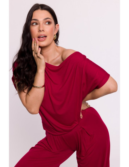 B287 Viscose top with an off-shoulder neckline - maroon
