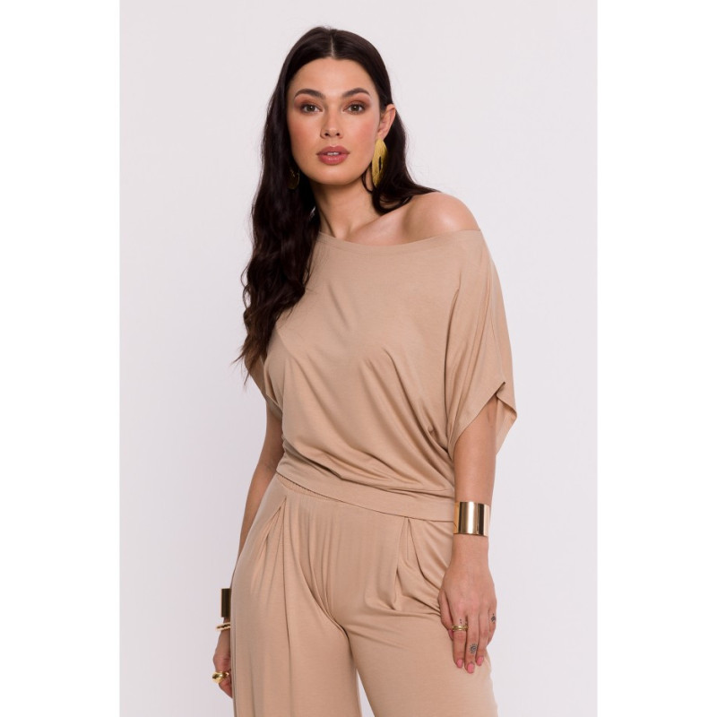 B287 Viscose top with an off-shoulder neckline - cappuccino