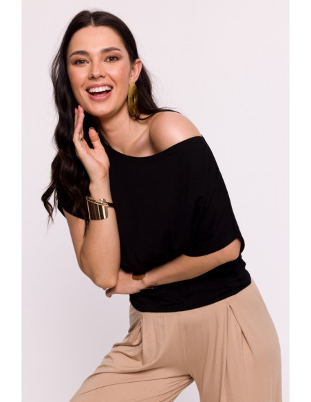 B287 Viscose top with an off-shoulder neckline - black