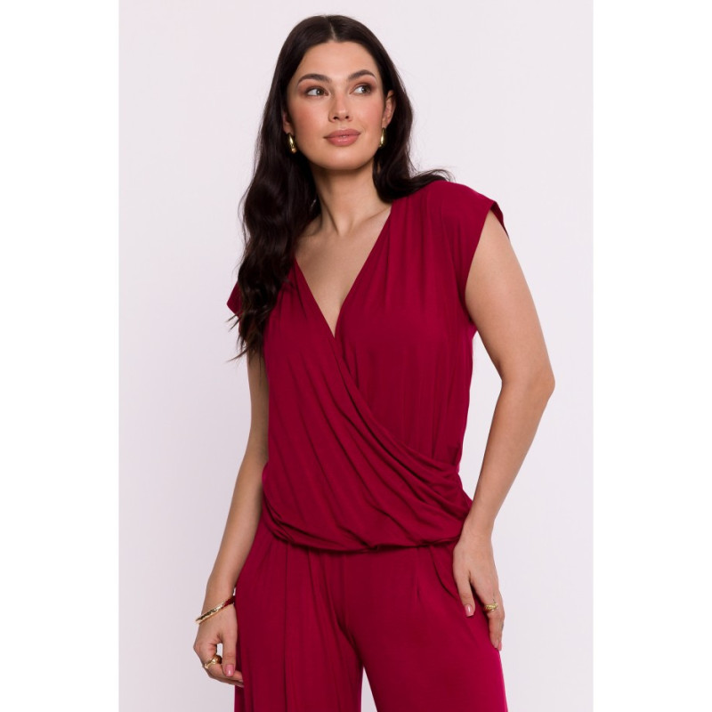B288 Viscose wrap top with V-neck - maroon