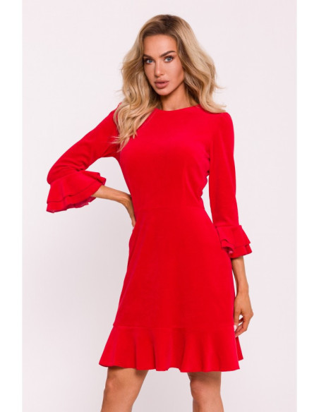 M825 Velūro suknelė su raukiniais - raudona