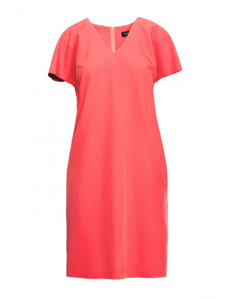 S392 Laisvai krentanti suknelė su V formos iškirpte - koralinė