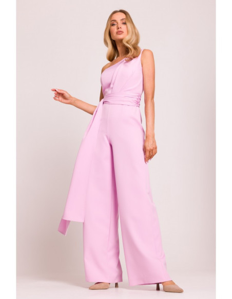 M845 Kombinezonas ant vieno peties su surišamomis petnešomis - saldainių rausvos spalvos