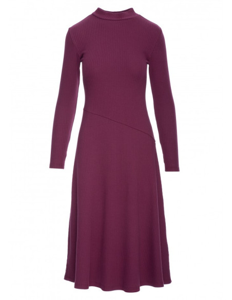 B299 Sukienka z dzianiny prążkowanej - śliwkowa