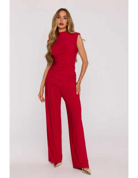 M890 Komplet z marszczoną bluzką i szerokimi spodniami - czerwony